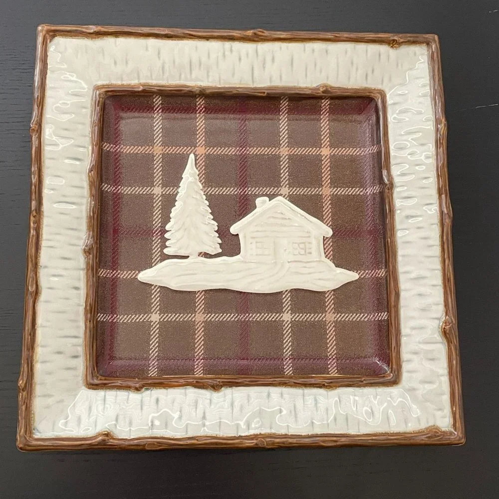 Homestudio Lake Cabin Dinner Plate Square Plaid Rustic‎ Embossed Stoneware 11